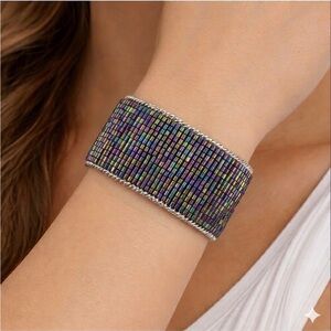 Iridescent Bugle Bead Cuff Bracelet | Oil Slick Wide Statement